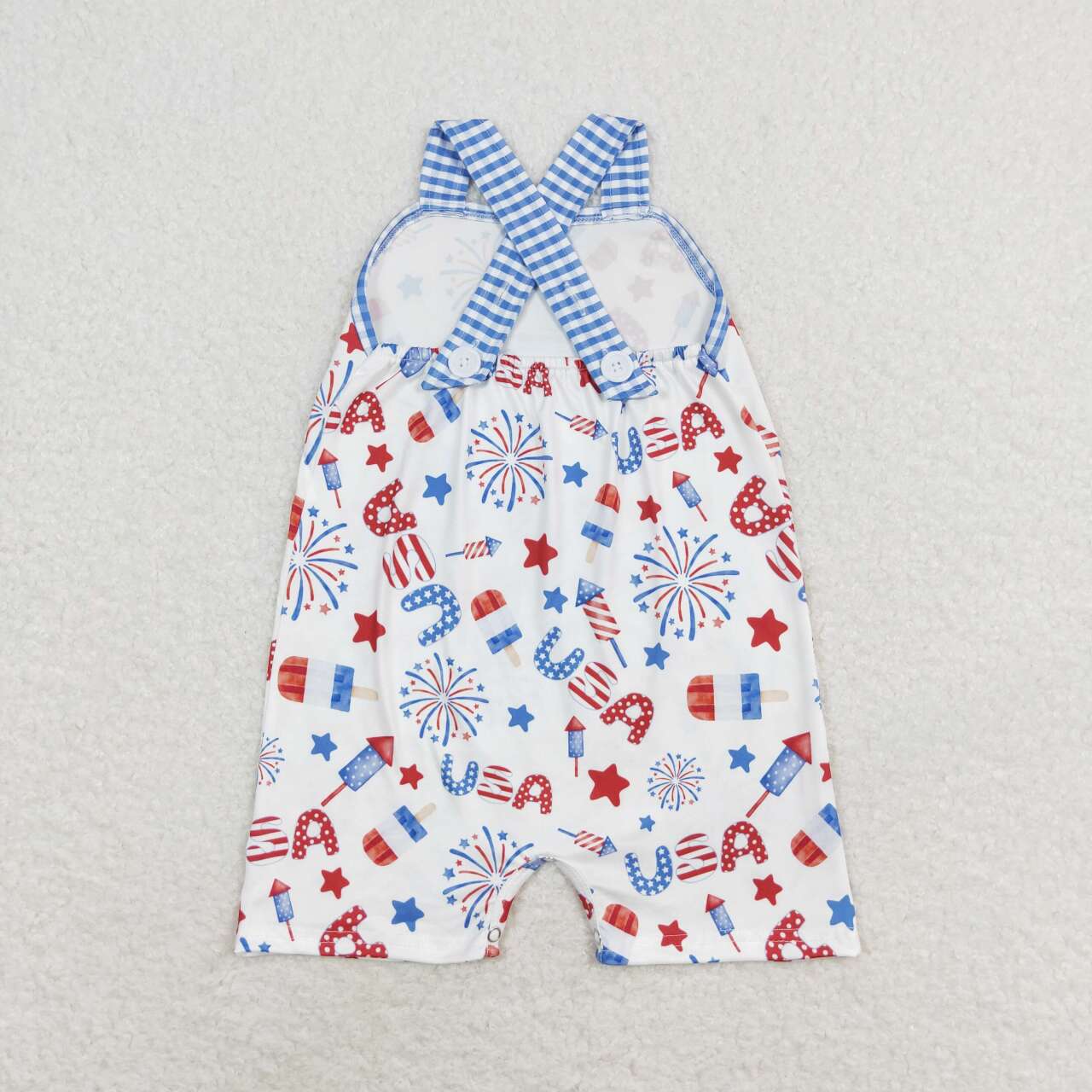 SR1366 July 4th USA fireworks blue checkered pocket boys romper