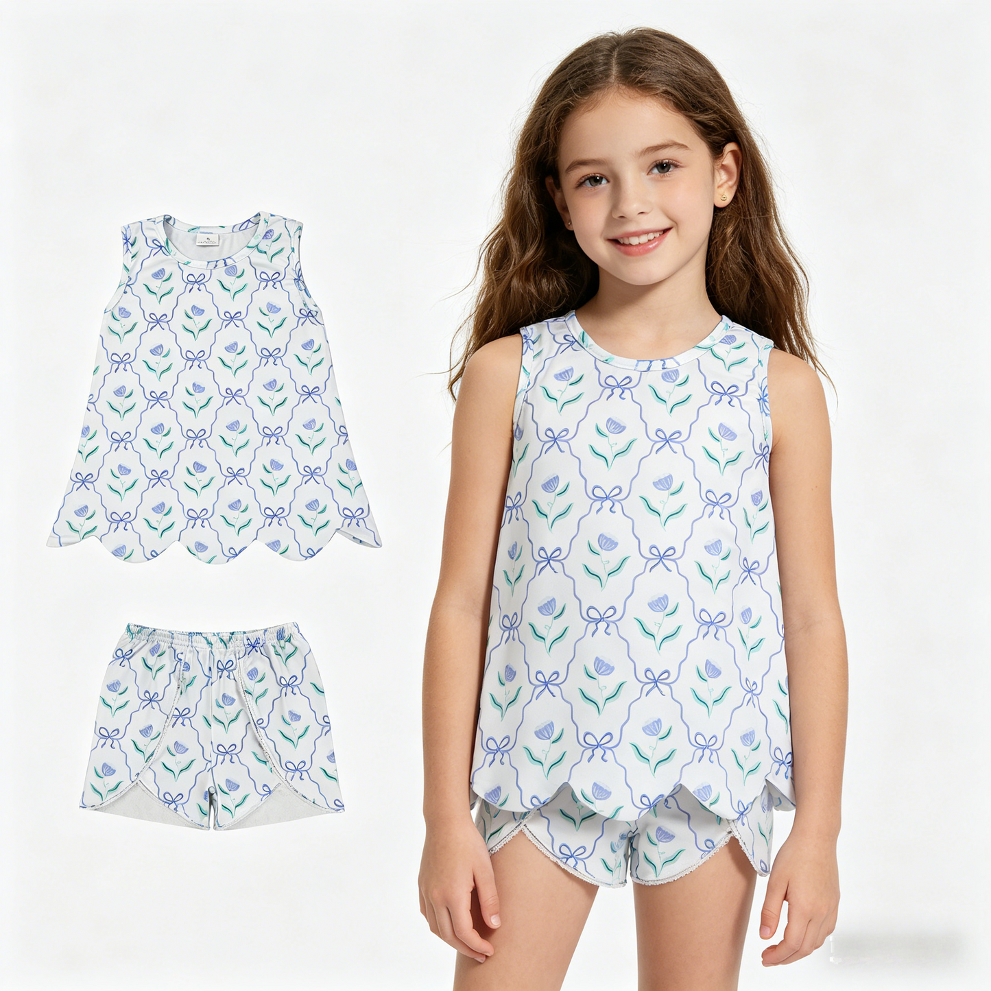 GSSO3426 Scallop Purple Flowers Bows Sleeveless Shorts Girls Set