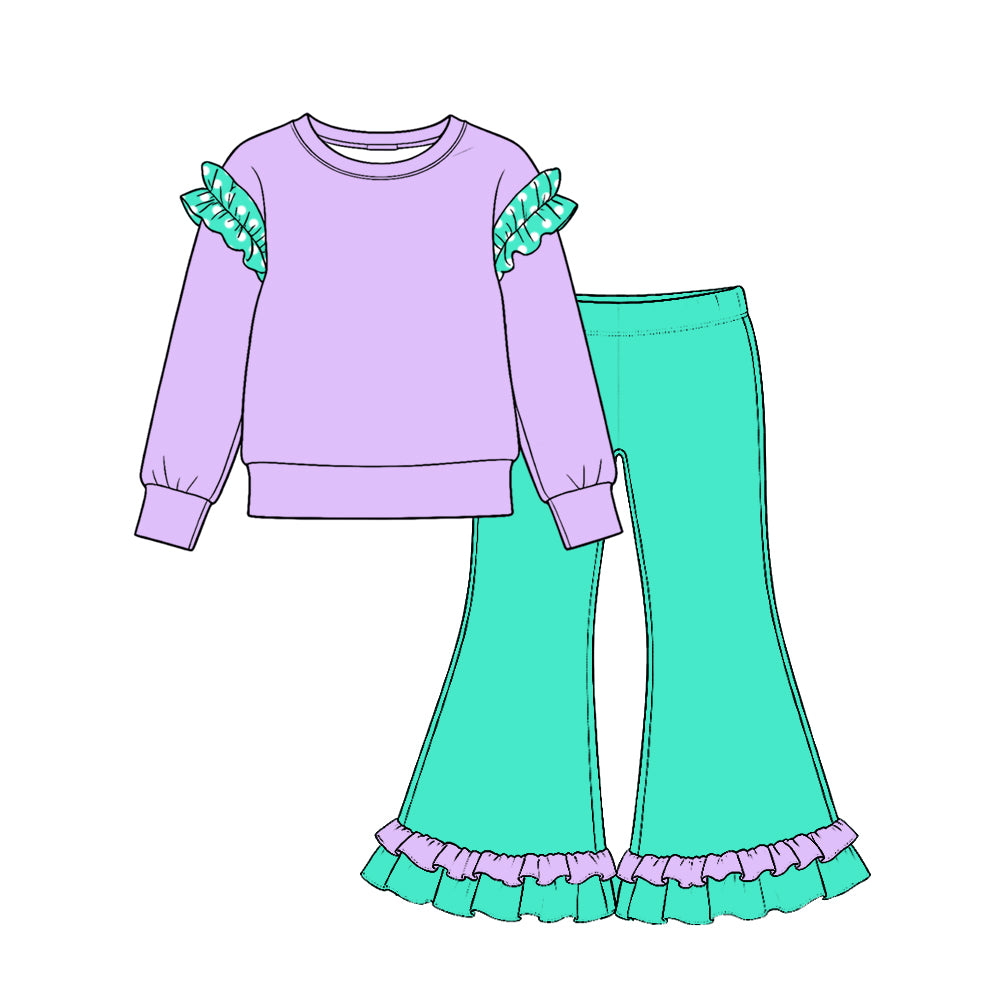 preorder GLP4041 Cotton Ruffles Purple Long Sleeve Green Pants Girls Set
