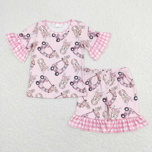 GSSO0401 Hunting deer truck camo pink short sleeve shorts girls pajamas