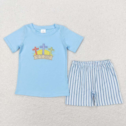 BSSO0356 Easter He is Risen blue short sleeve blue striped shorts boys set