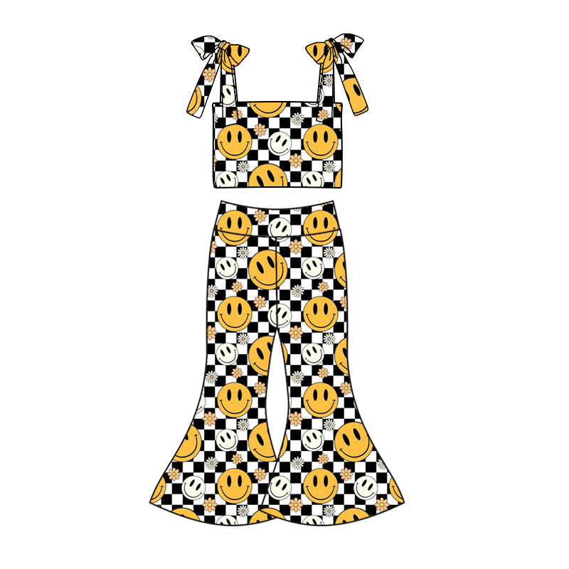 custom (moq 5)Baby Girls Black Checkered Flowers Smile Straps Top Bell Pants Clothes Sets