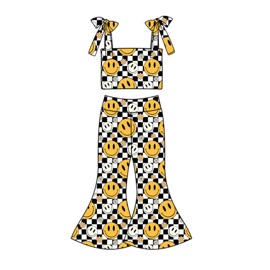 custom (moq 5)Baby Girls Black Checkered Flowers Smile Straps Top Bell Pants Clothes Sets
