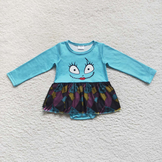 LR0603 Halloween blue smile long sleeve lace girls romper