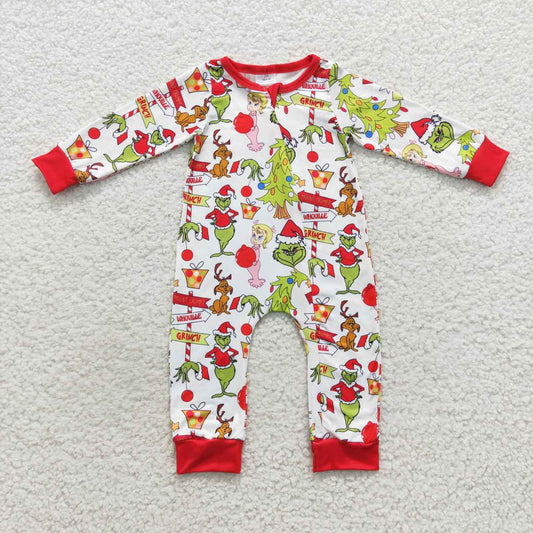 LR0530 Christmas green face long sleeve kids romper