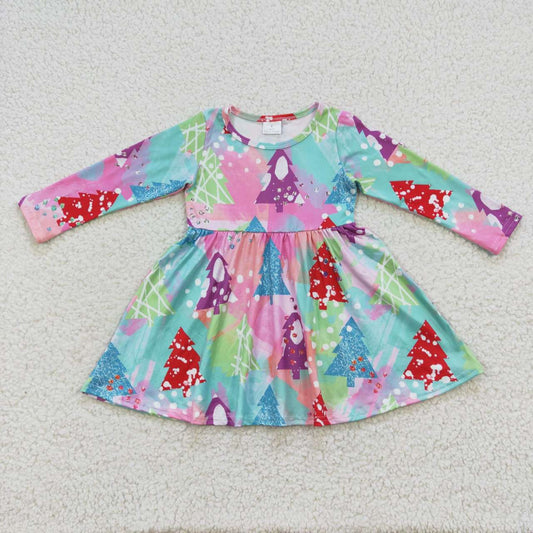 GLD0241 Christmas Colorful Tree Long Sleeves Girls Dress