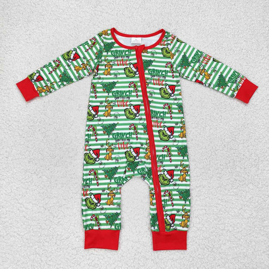 USA SHOP LR1055 Christmas green face green striped long sleeve boys romper