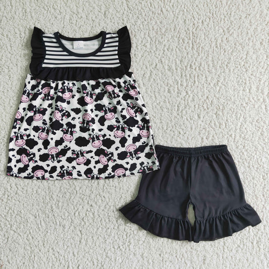 GSD0045 Cow Print Black Striped Print Baby Girls Set