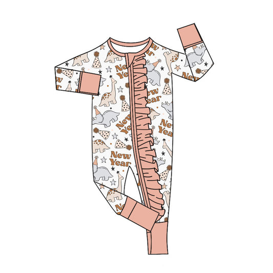 Custom moq 20 bamboo happy new year animals elephant dinosaur zipper long sleeve girls romper