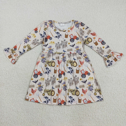 GLD1196 Halloween farm tractor chick spooky animals long sleeve girls dress
