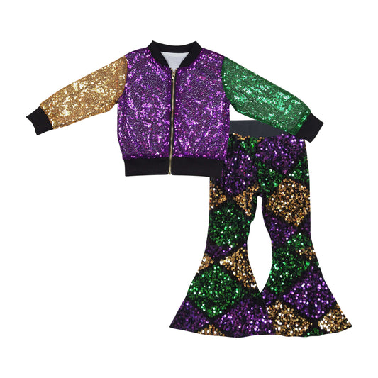 Mardi Gras Purple Green Zipper Long Sleeve Sequin Pants Girls Sequin Shiny Set