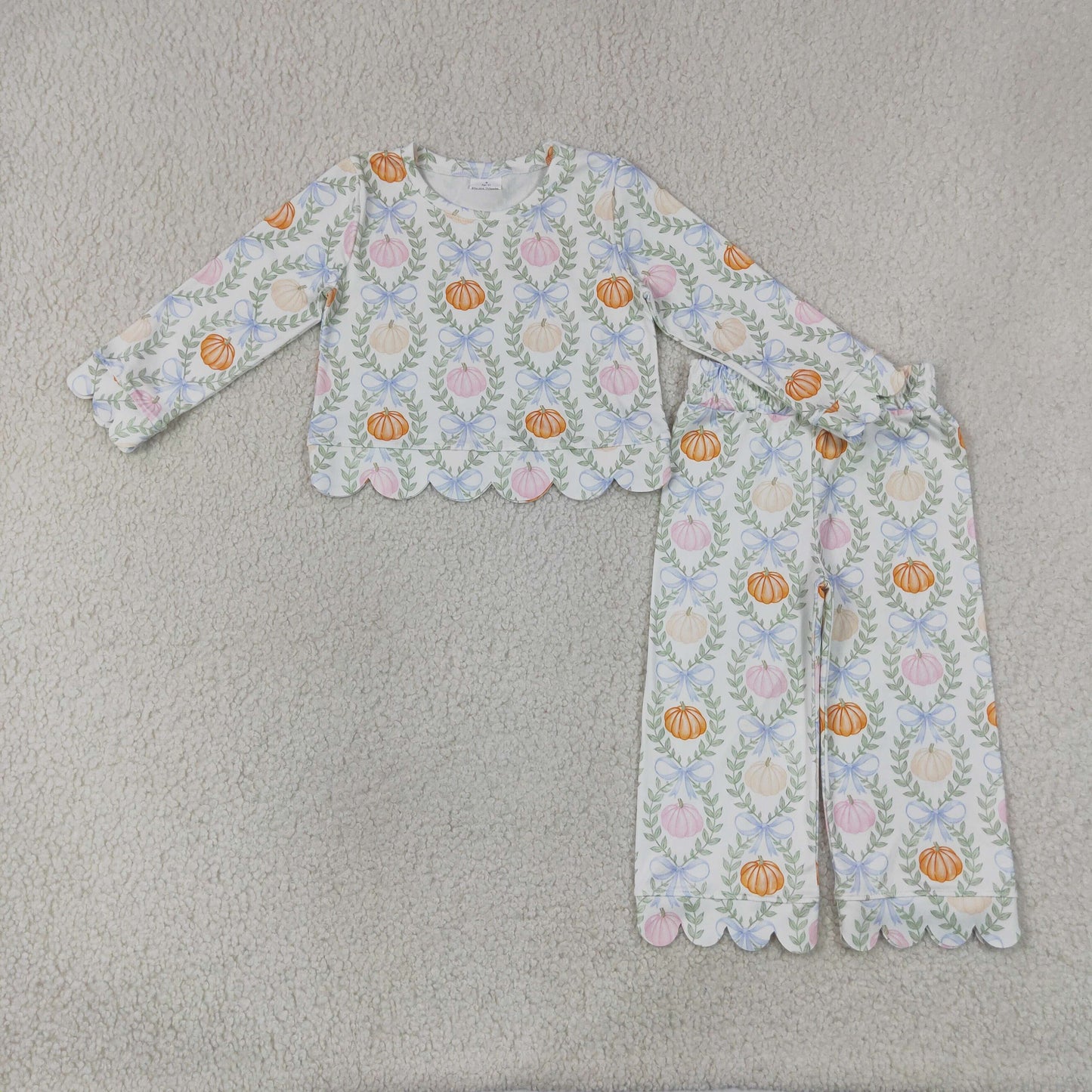 GLP3395 Scallop Pumpkin Bows Long Sleeve Pants Girls Set