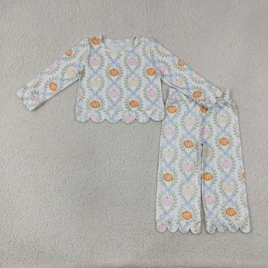 GLP3395 Scallop Pumpkin Bows Long Sleeve Pants Girls Set