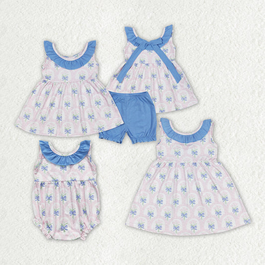 pink flowers blue ruffles RTS sibling clothes