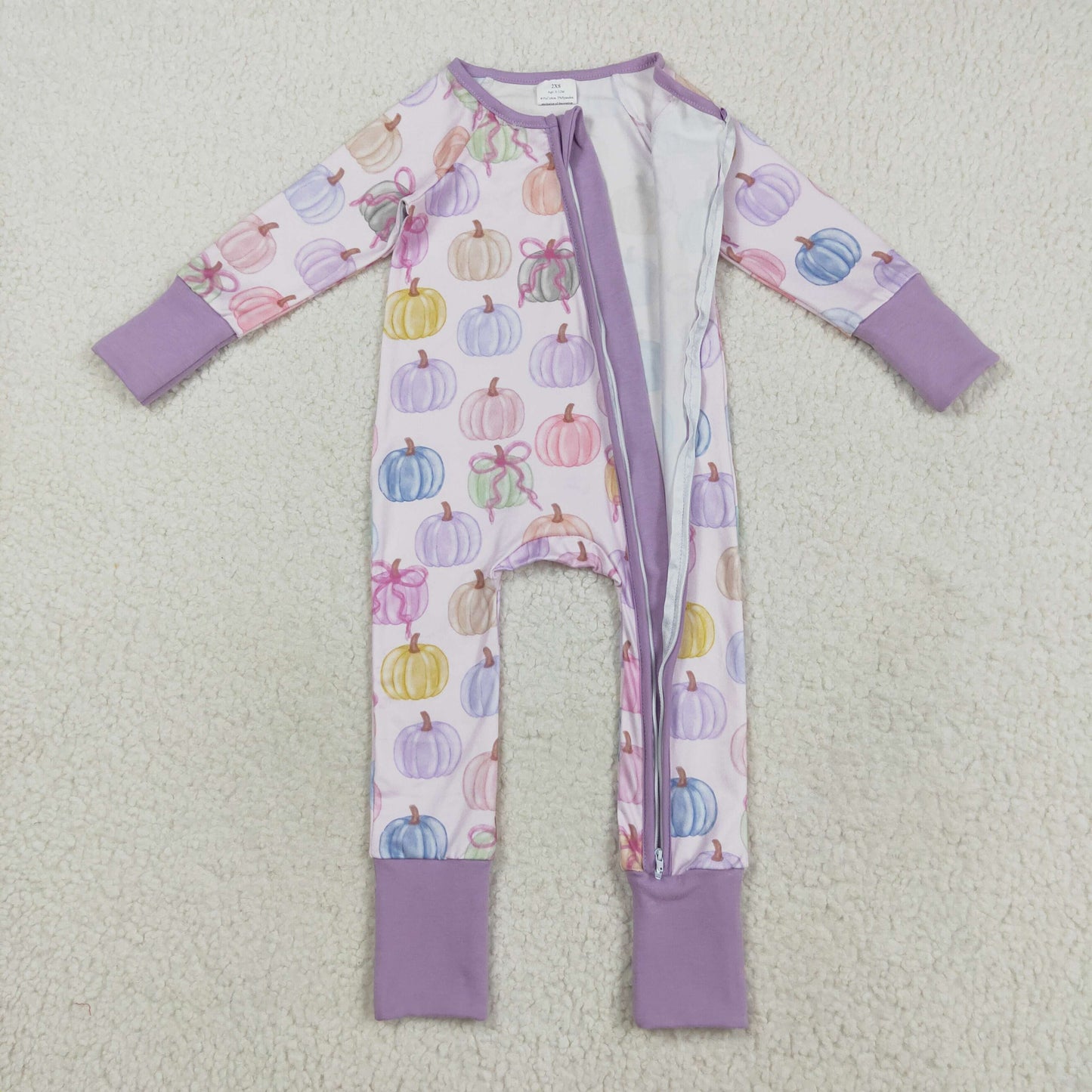 Custom moq 20 bamboo colorful pumpkin bows purple zipper long sleeve girls romper