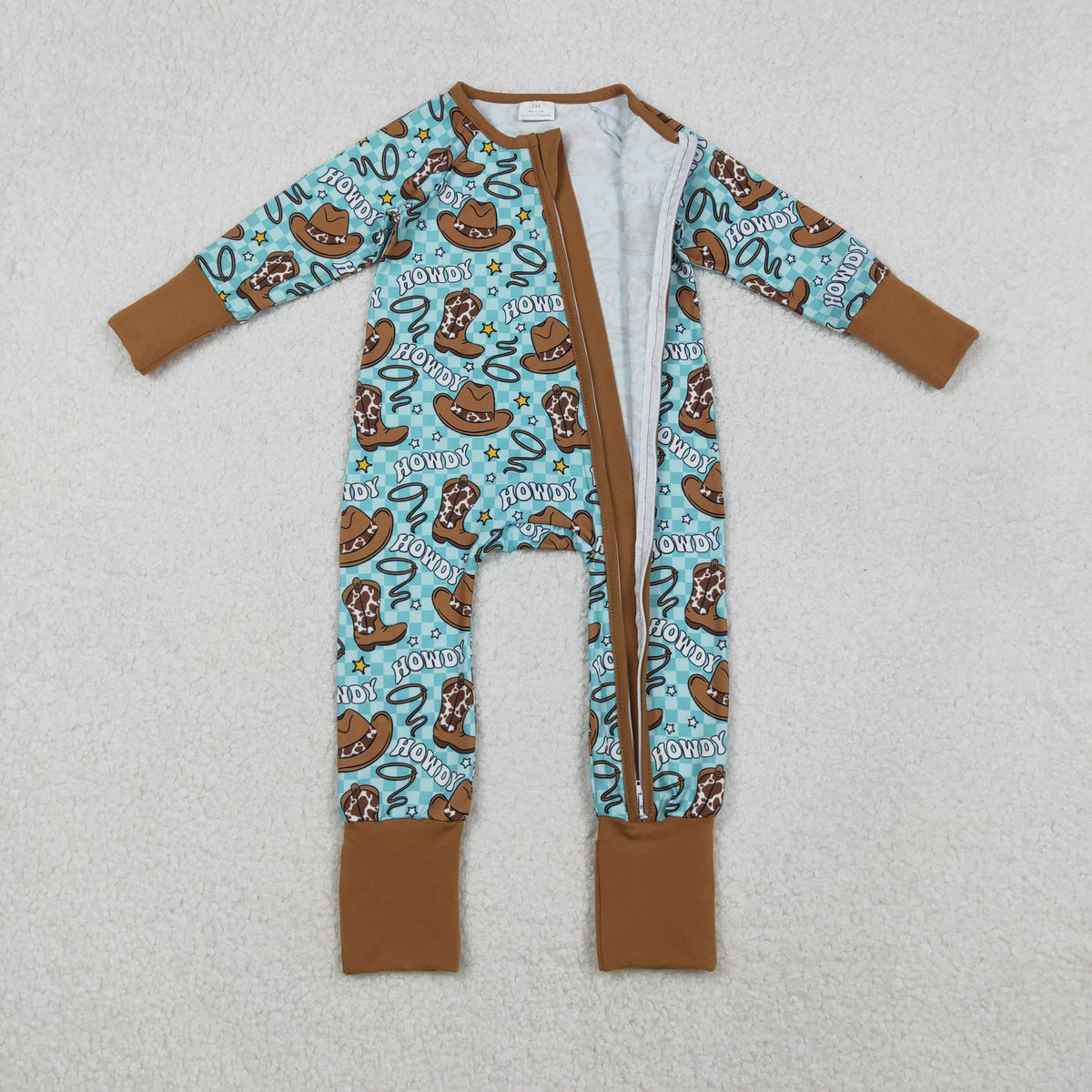 LR2517 Western boot howdy blue checkered long sleeve zipper boys romper