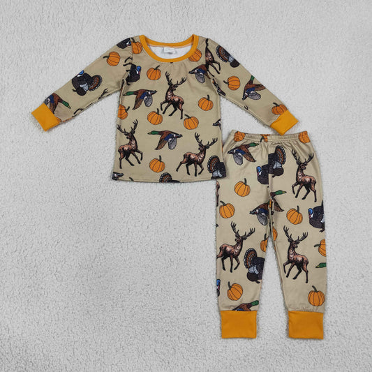 BLP1556 Hunting Deer Mallard Turkey Pumpkin Long Sleeve Pants Boys Pajamas