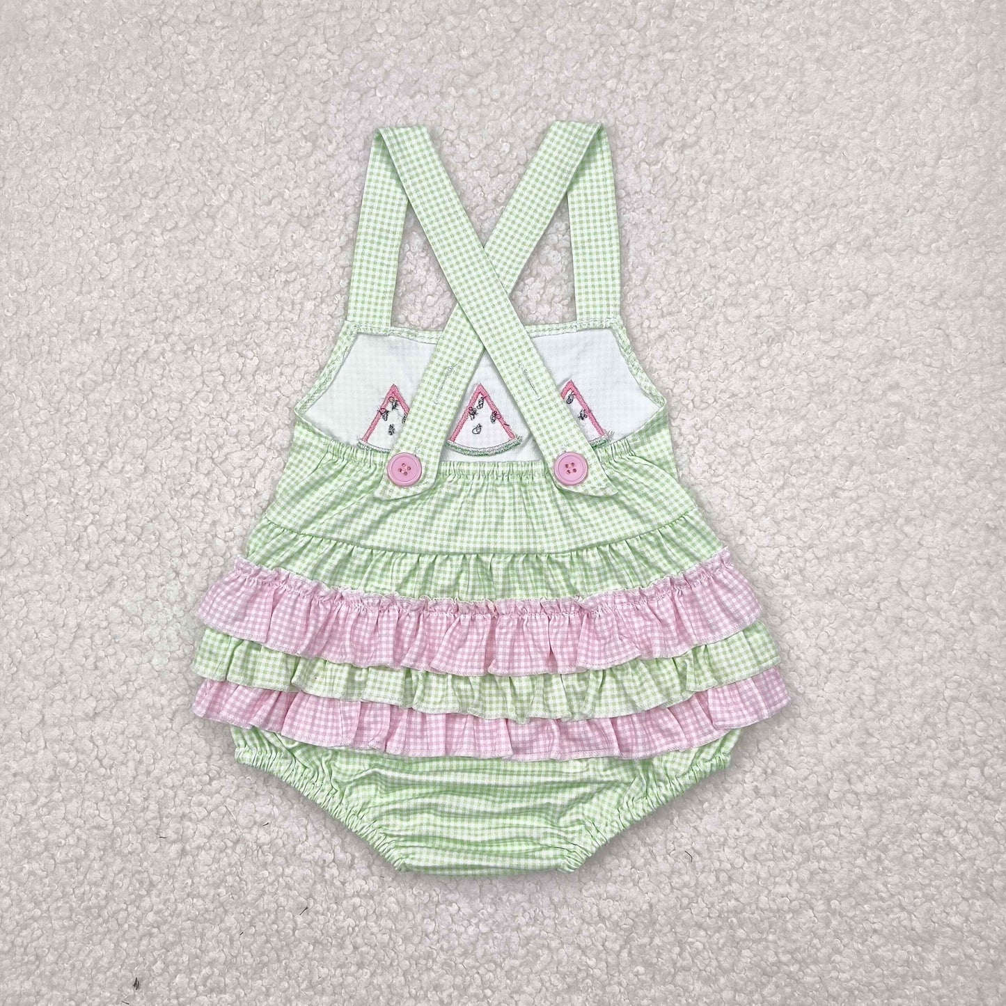 SR2764 embroidery watermelon pink ruffles green girls romper