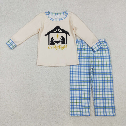 BLP1100 the nativity story holy night long sleeve blue checkered pants boys set (xs-3xl)