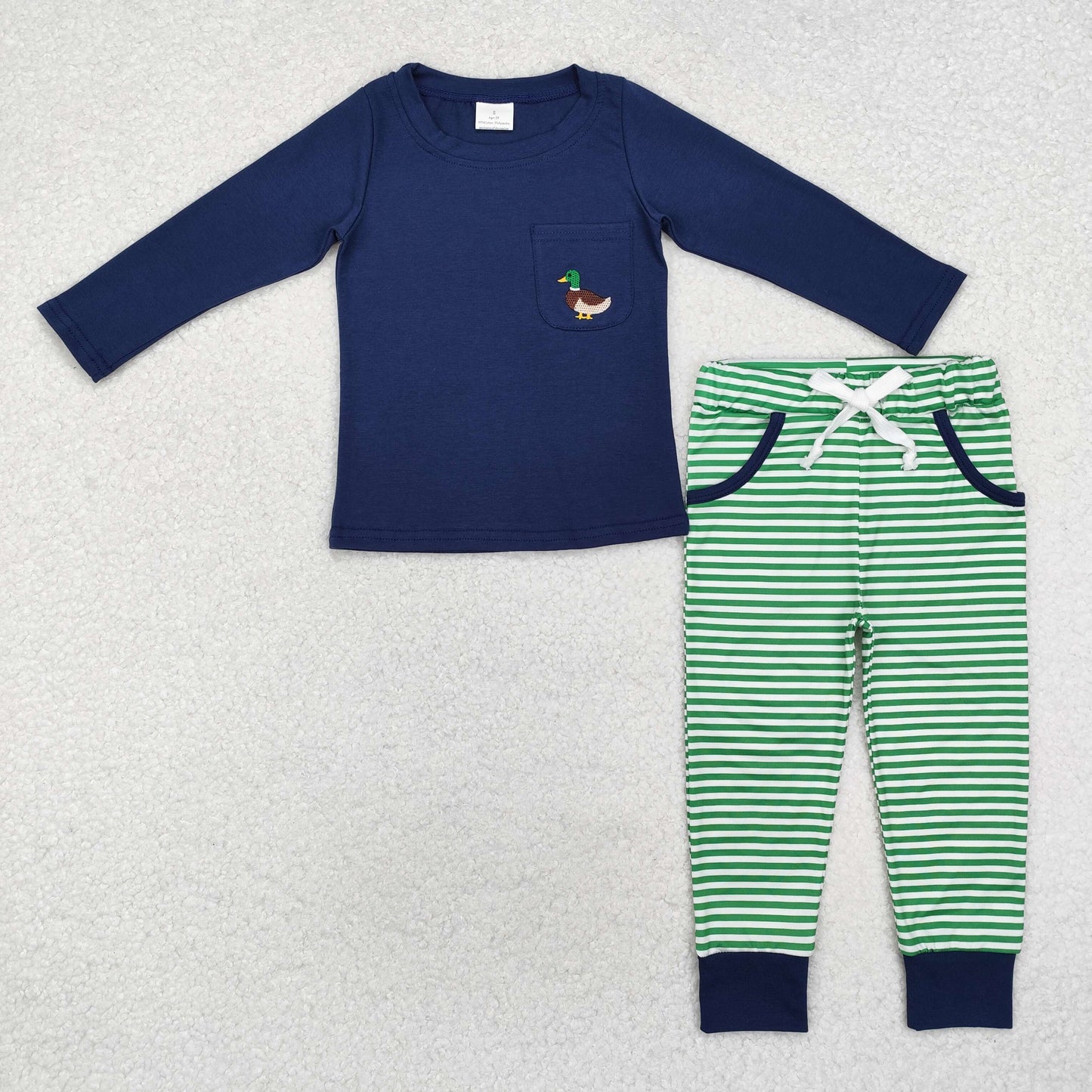 embroidery BLP0795 hunting mallard duck navy blue pocket long sleeve green striped pants boys set