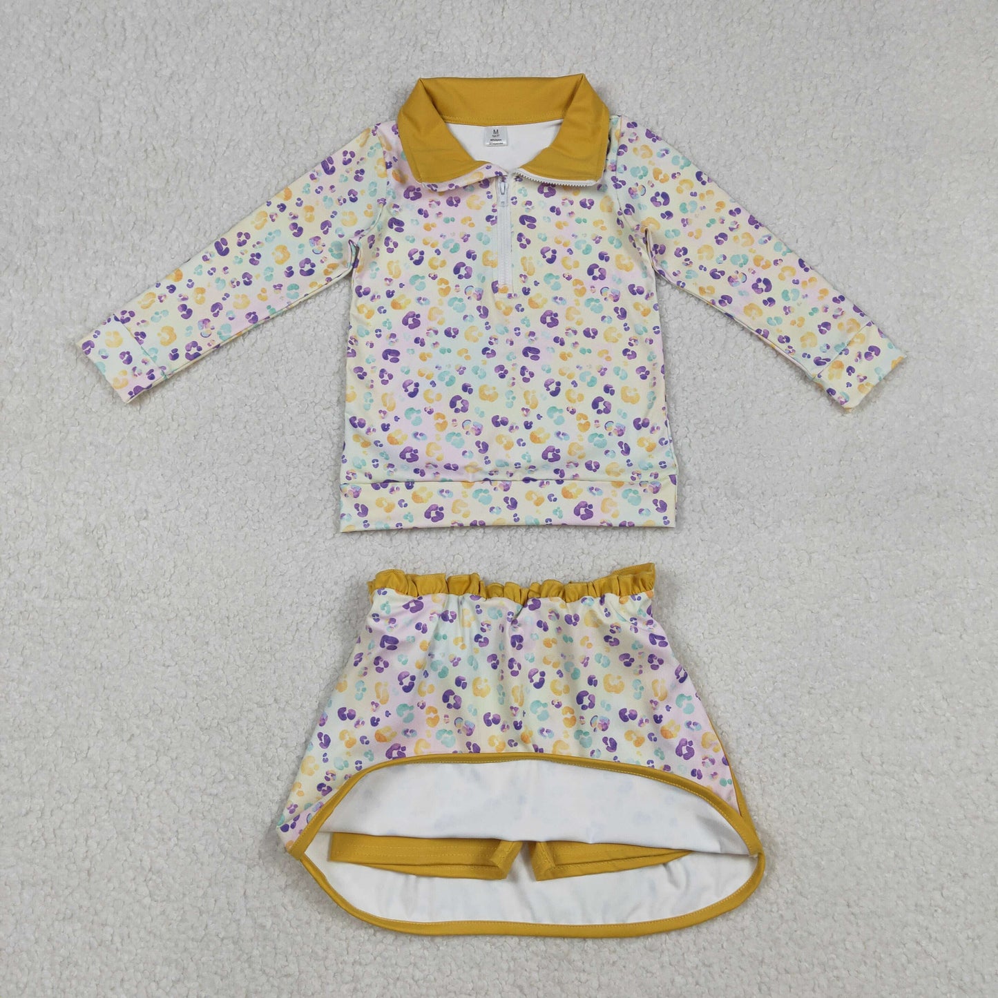 GLD1365 Mardi Gras yellow green purple leopard zipper long sleeve skorts skirt girls set