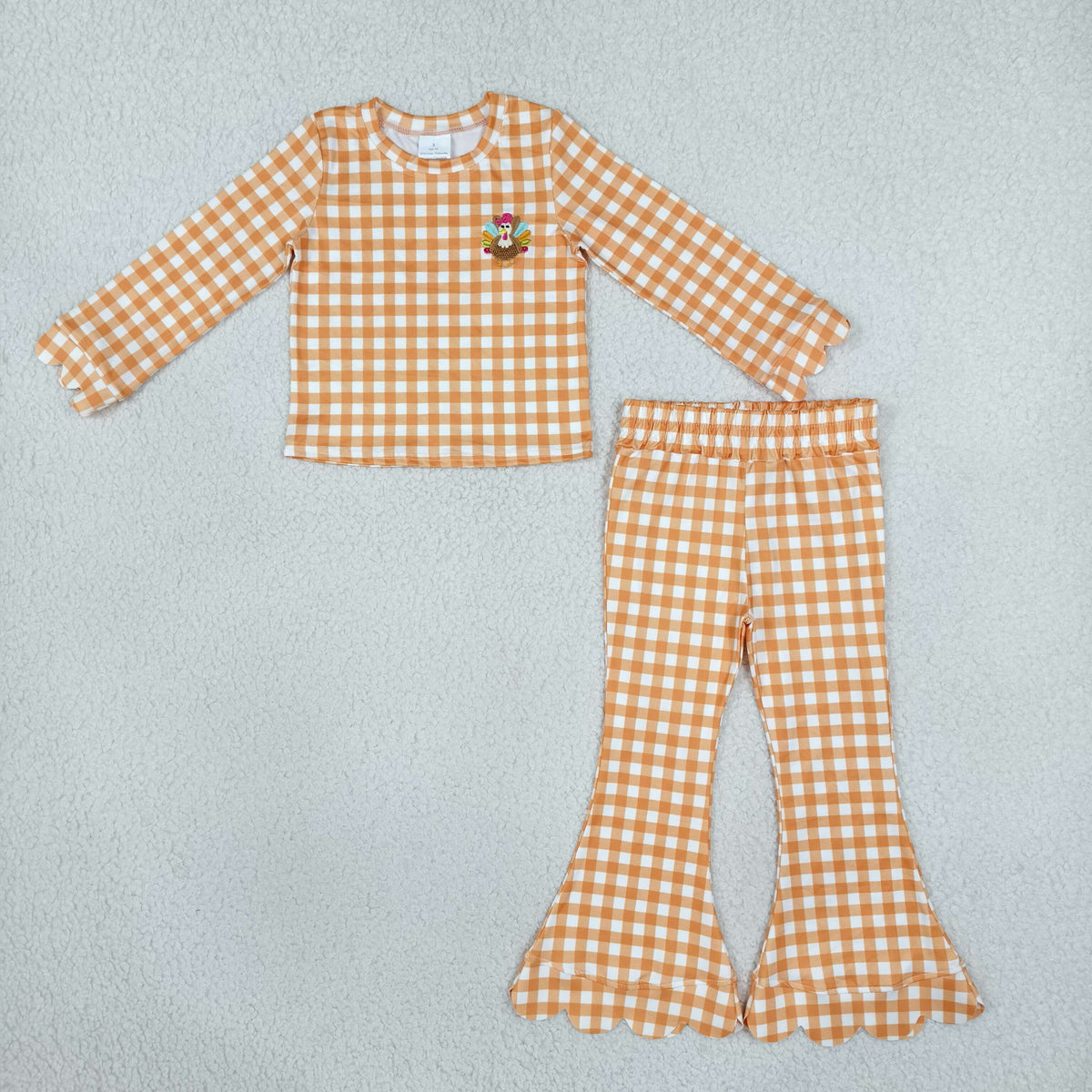 GLP3588 Thanksgiving Turkey Orange Checkered Long Sleeve Pants Girls Set