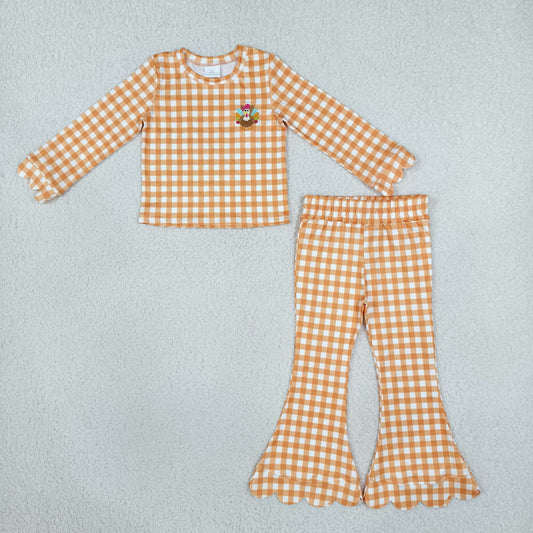 GLP3588 Thanksgiving Turkey Orange Checkered Long Sleeve Pants Girls Set