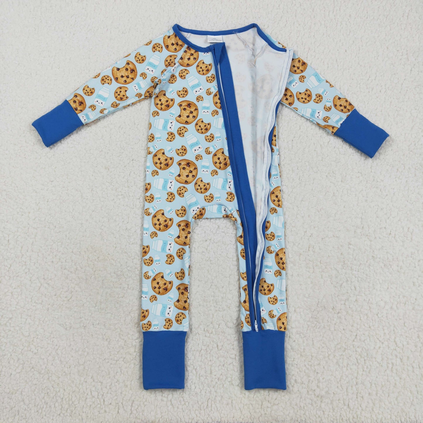 LR2397 Christmas cookie milk blue long sleeve zipper boys romper