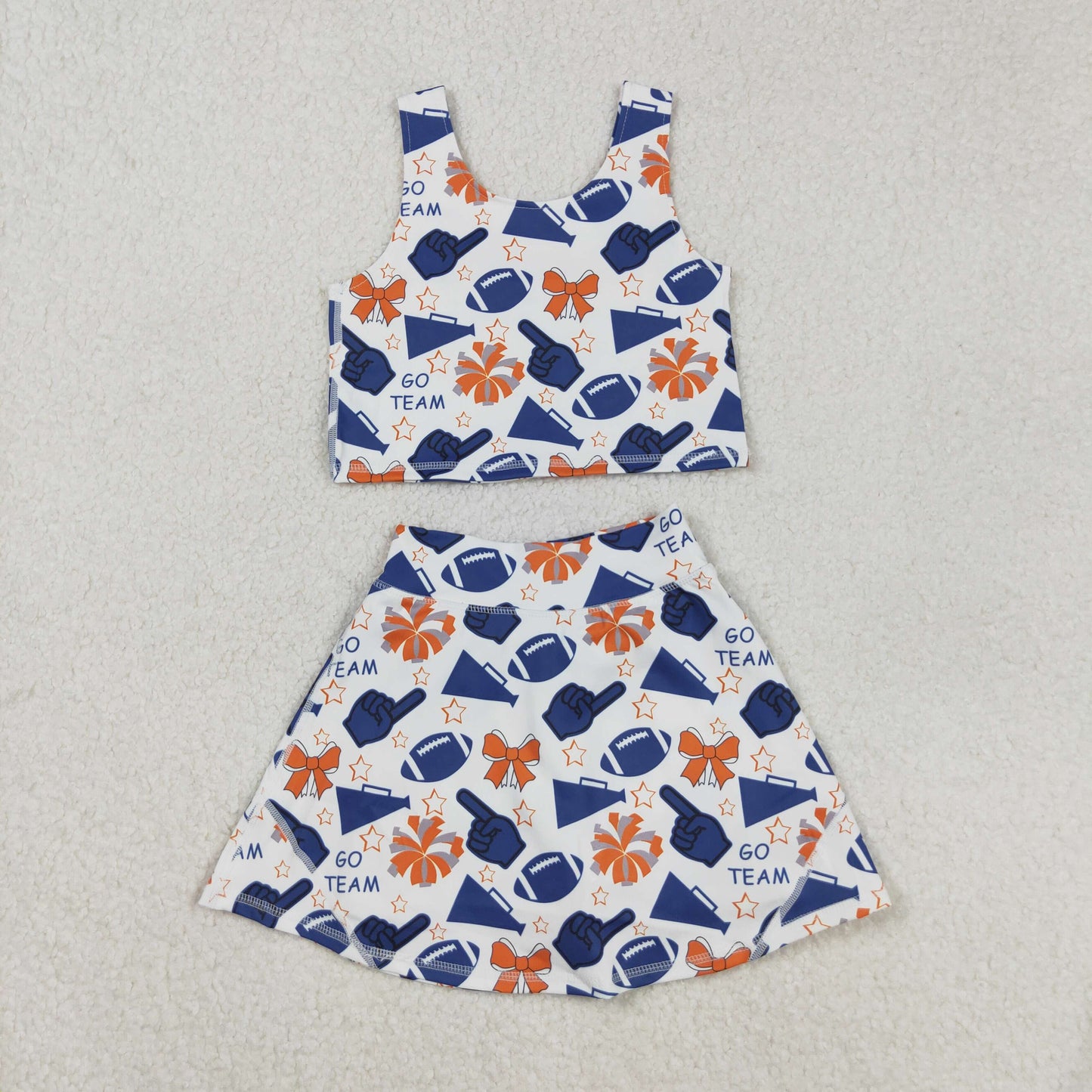 GSD2694 yoga football team cheer bows navy blue/orange sleeveless skirt skorts girls set