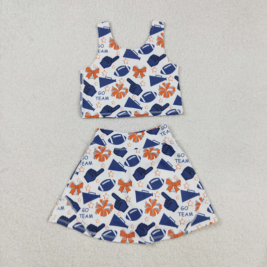 GSD2694 yoga football team cheer bows navy blue/orange sleeveless skirt skorts girls set