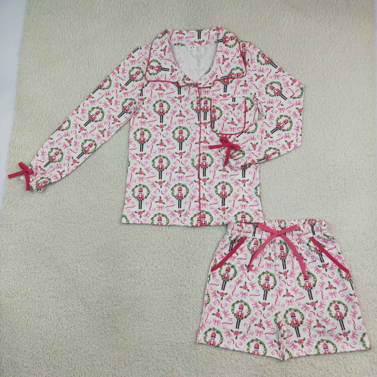 GLS0117 Christmas Solider Bows Long Sleeve Shorts Adult Women Pajamas