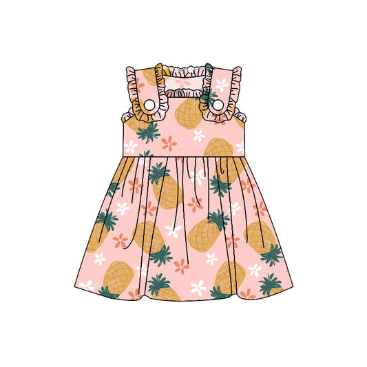 Preorder moq 3 Pineapple Summer Fruit Flowers Pink Sleeveless Girls Dress