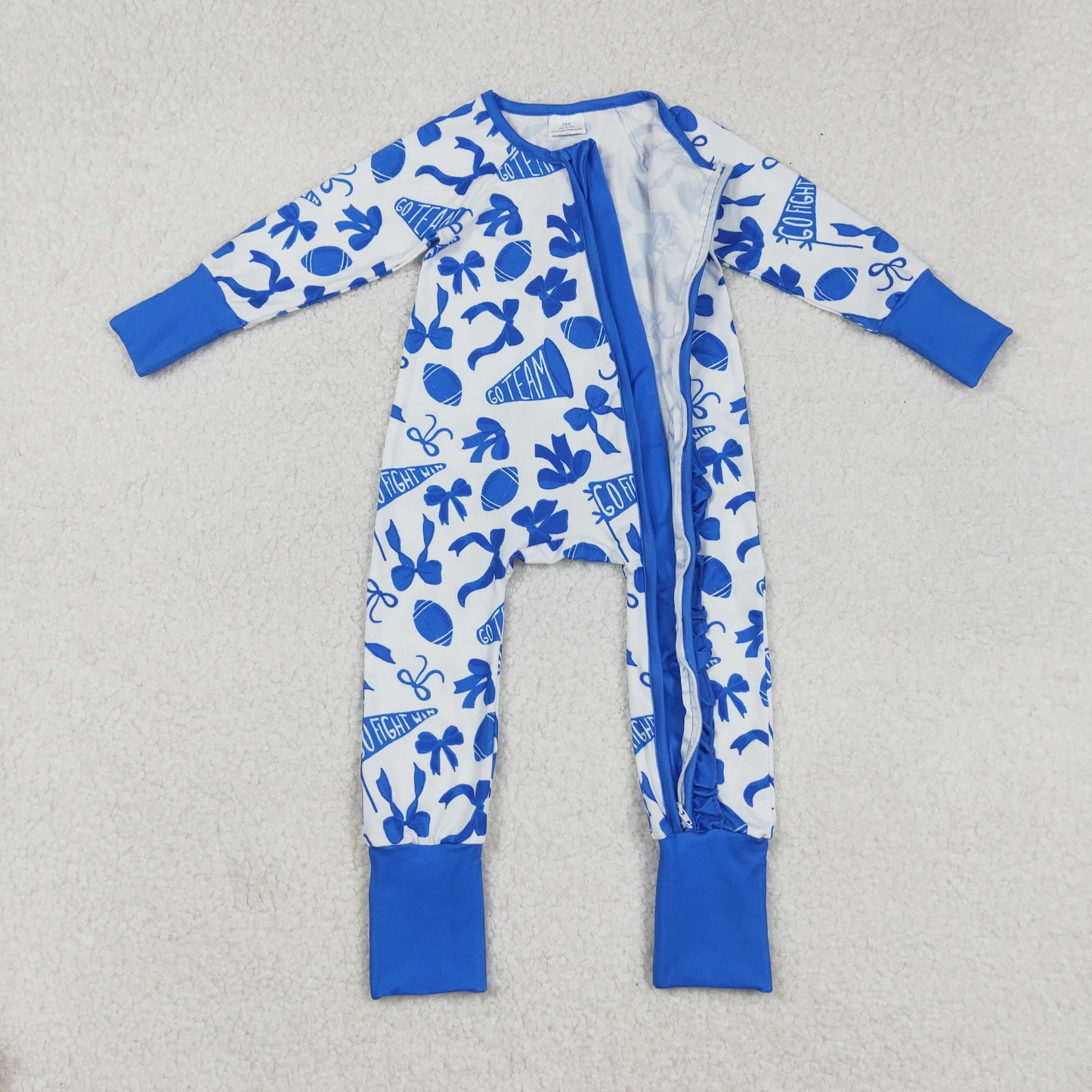 LR2511 cheer blue football bows zipper long sleeve girls romper
