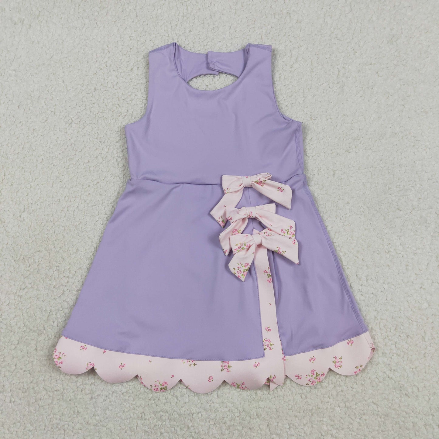 GSD3317 Yoga Scallop Solid Color Purple Bows Sleeveless Skorts Girls Dress
