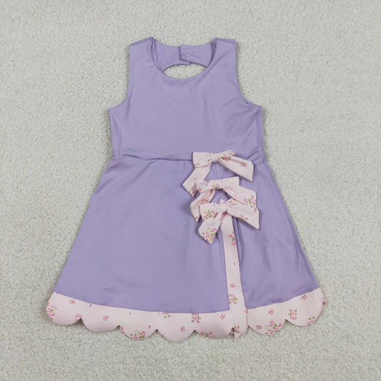 GSD3317 Yoga Scallop Solid Color Purple Bows Sleeveless Skorts Girls Dress