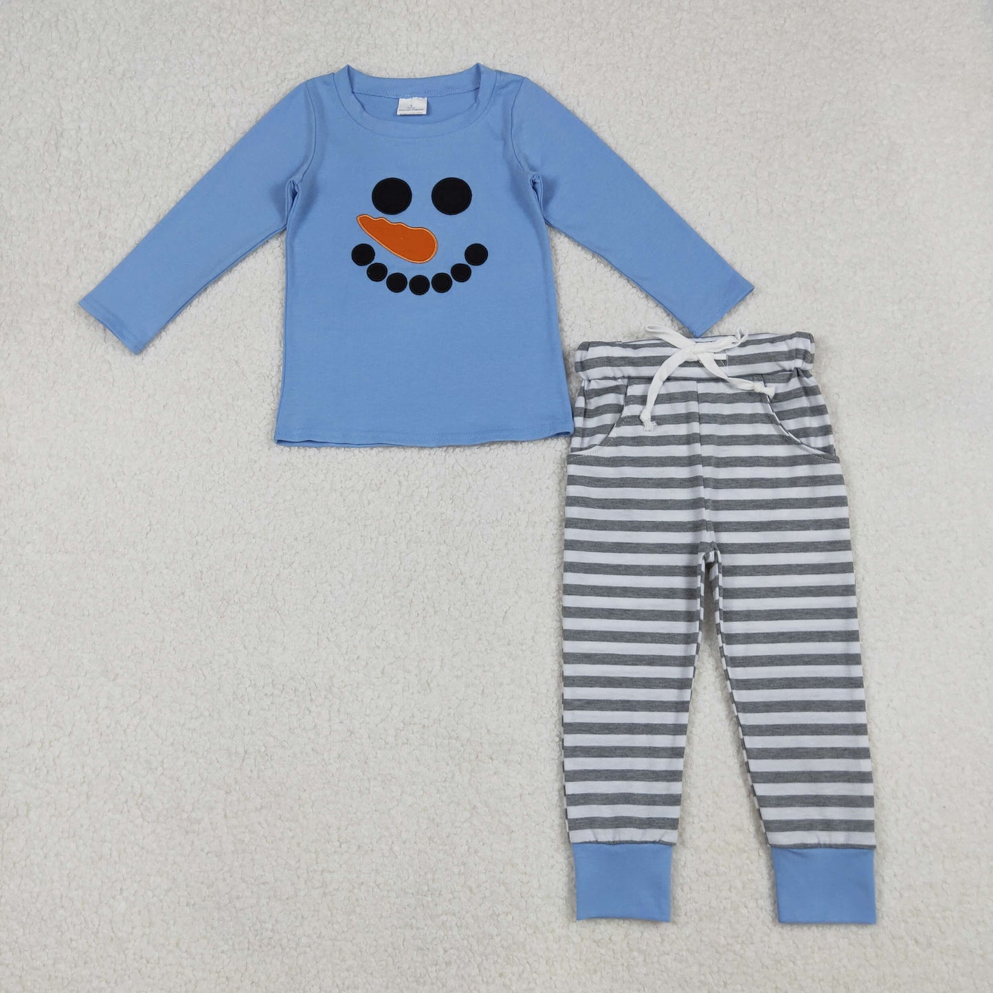 embroidery BLP1231 Christmas snowman blue long sleeve grey striped pants boys set