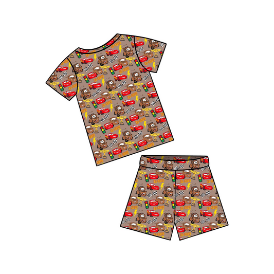 custom cartoon car brown short sleeve shorts boys set