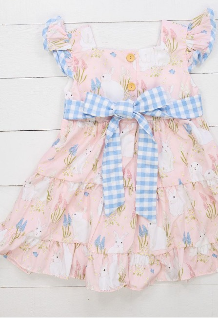 preorder GSD0632 Rabbit Flowers Pink Blue Checkered Flutter Sleeve Girls Dress