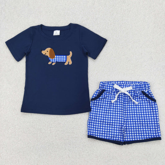 embroidery BSSO1227 cute pet dog navy blue short sleeve checkered shorts boys set