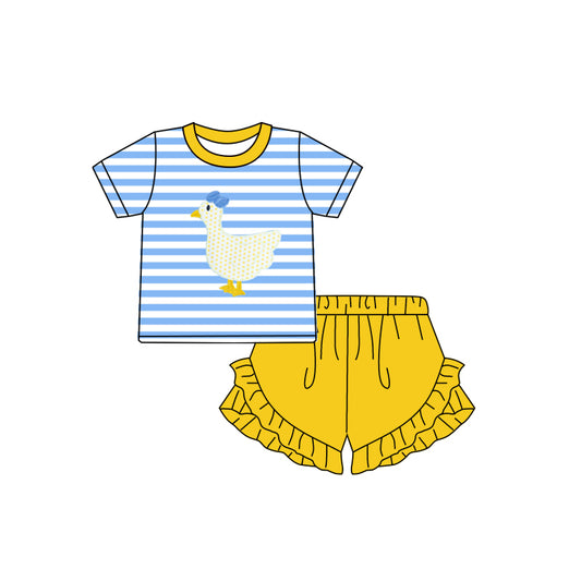 preorder GSSO0378 Cute duck blue striped short sleeve yellow ruffles shorts girls set
