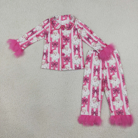 GLP3478 Christmas Santa Bows Striped Fur Long Sleeve Pants Girls Pajamas
