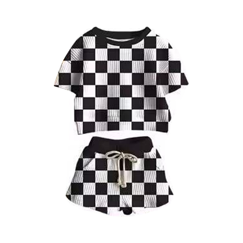 preorder black checkered short sleeve shorts girls set
