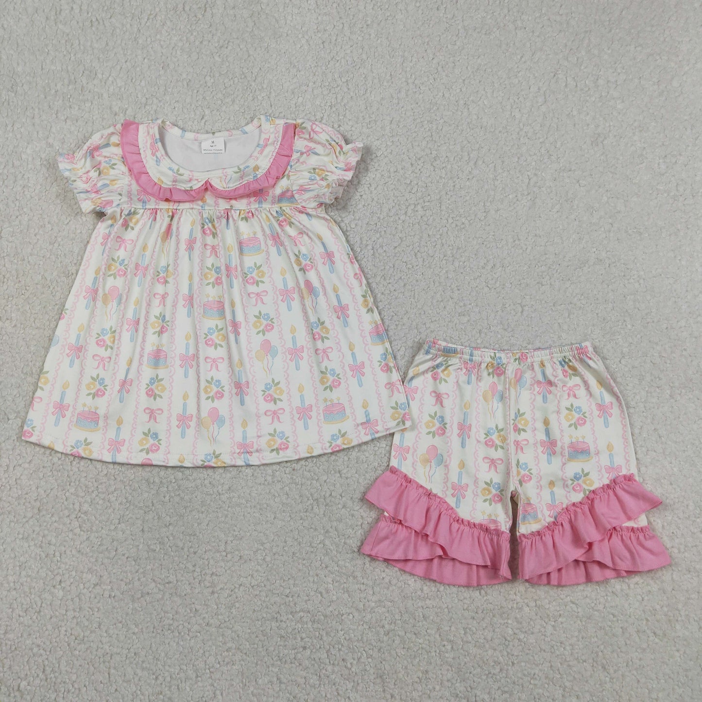 preorder GSSO3445 Happy Birthday Flowers Cake Short Sleeve Ruffles Shorts Girls Set