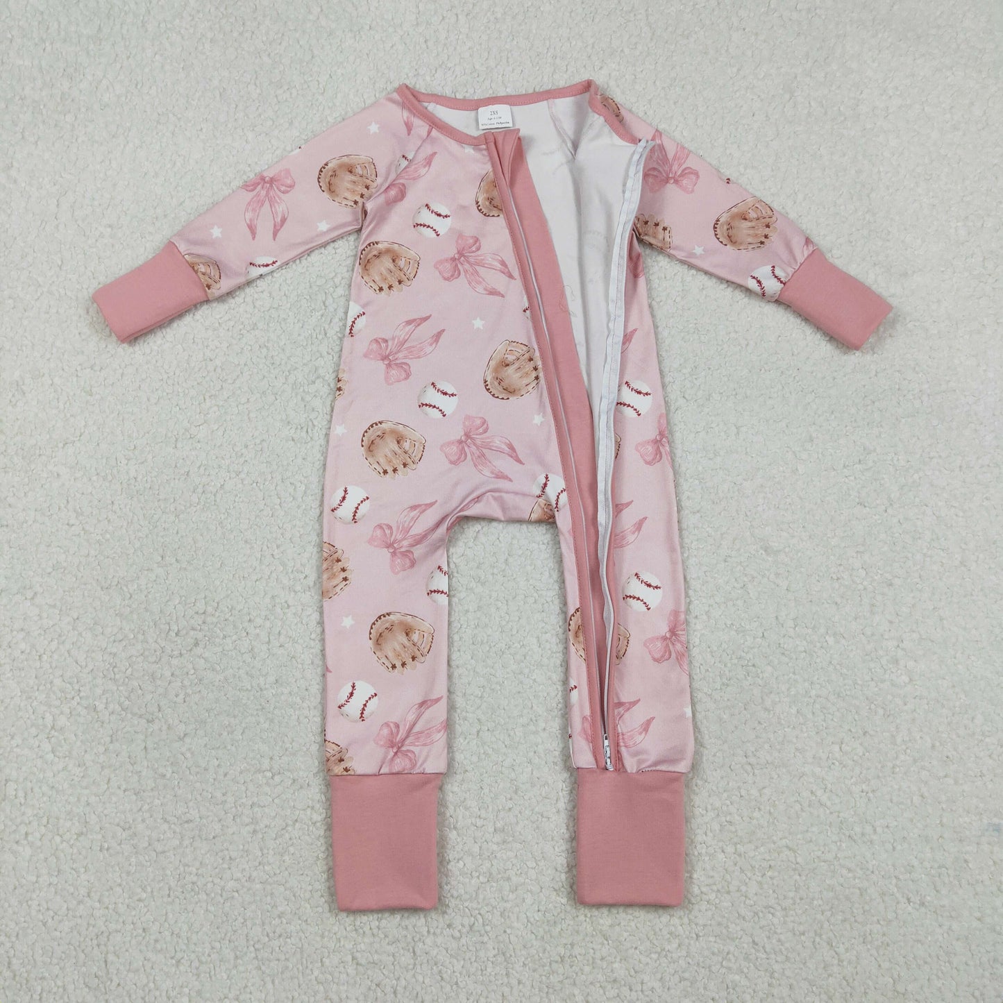 LR2967 Baseball Pink Bows Zipper Long Sleeve Girls Romper