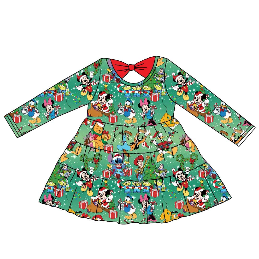 custom style Christmas cartoon animals green long sleeve girls dress