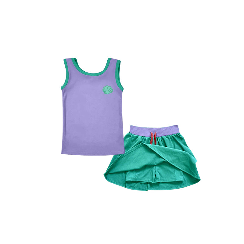 Custom Moq 3 Cartoon Princess Purple Sleeveless Green Skirt With Shorts Girls Set