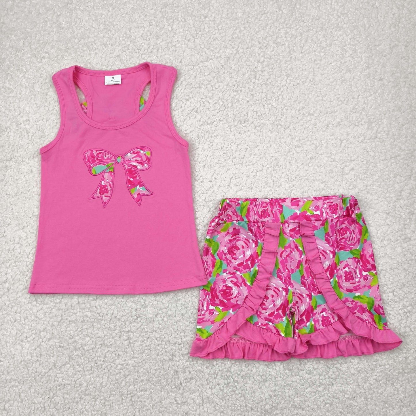 GSSO1605 colorful flowers bow hot pink sleeveless ruffles shorts girls set