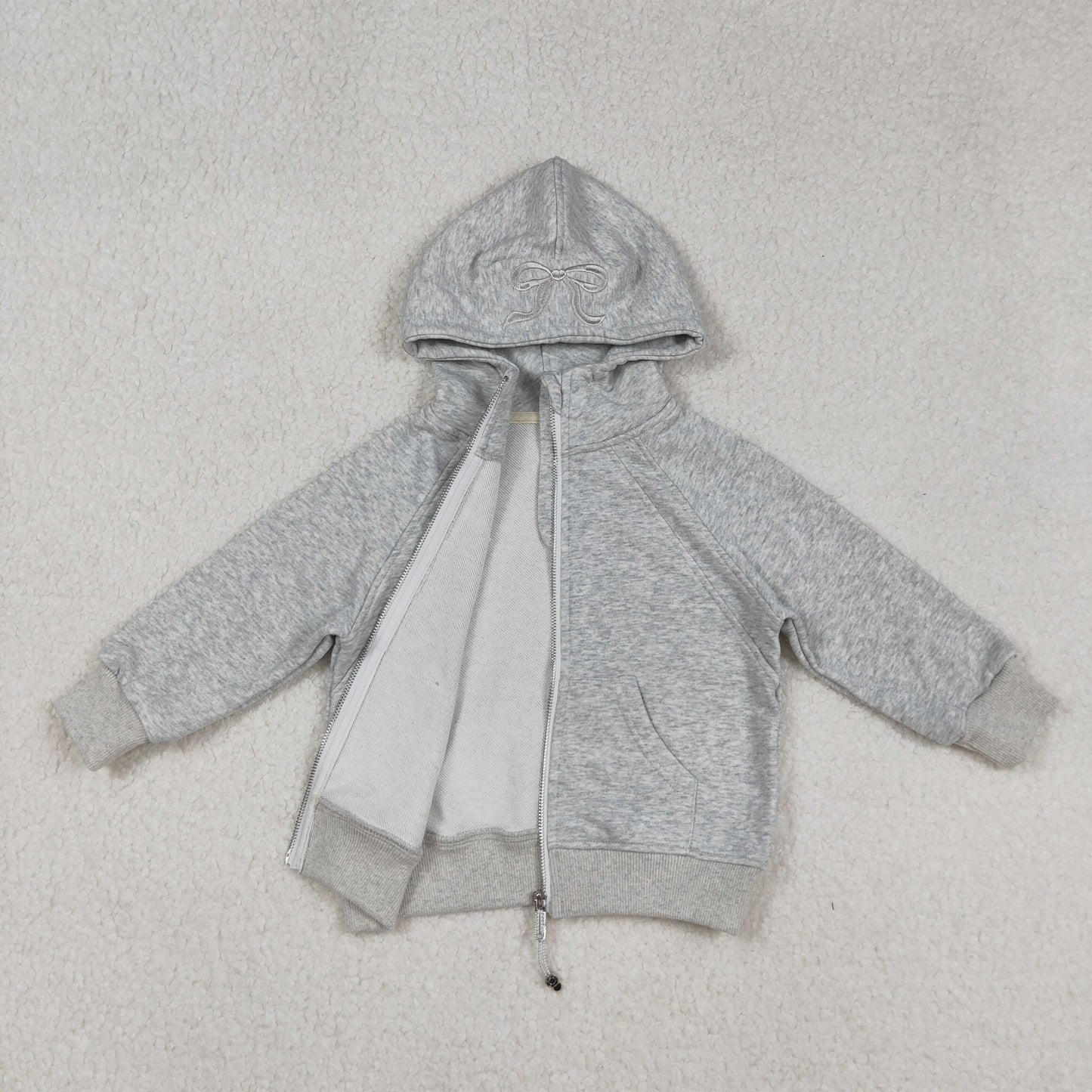 USA SHOP GT1204 embroidery bow grey long sleeve zipper pocket hoodie girls coat