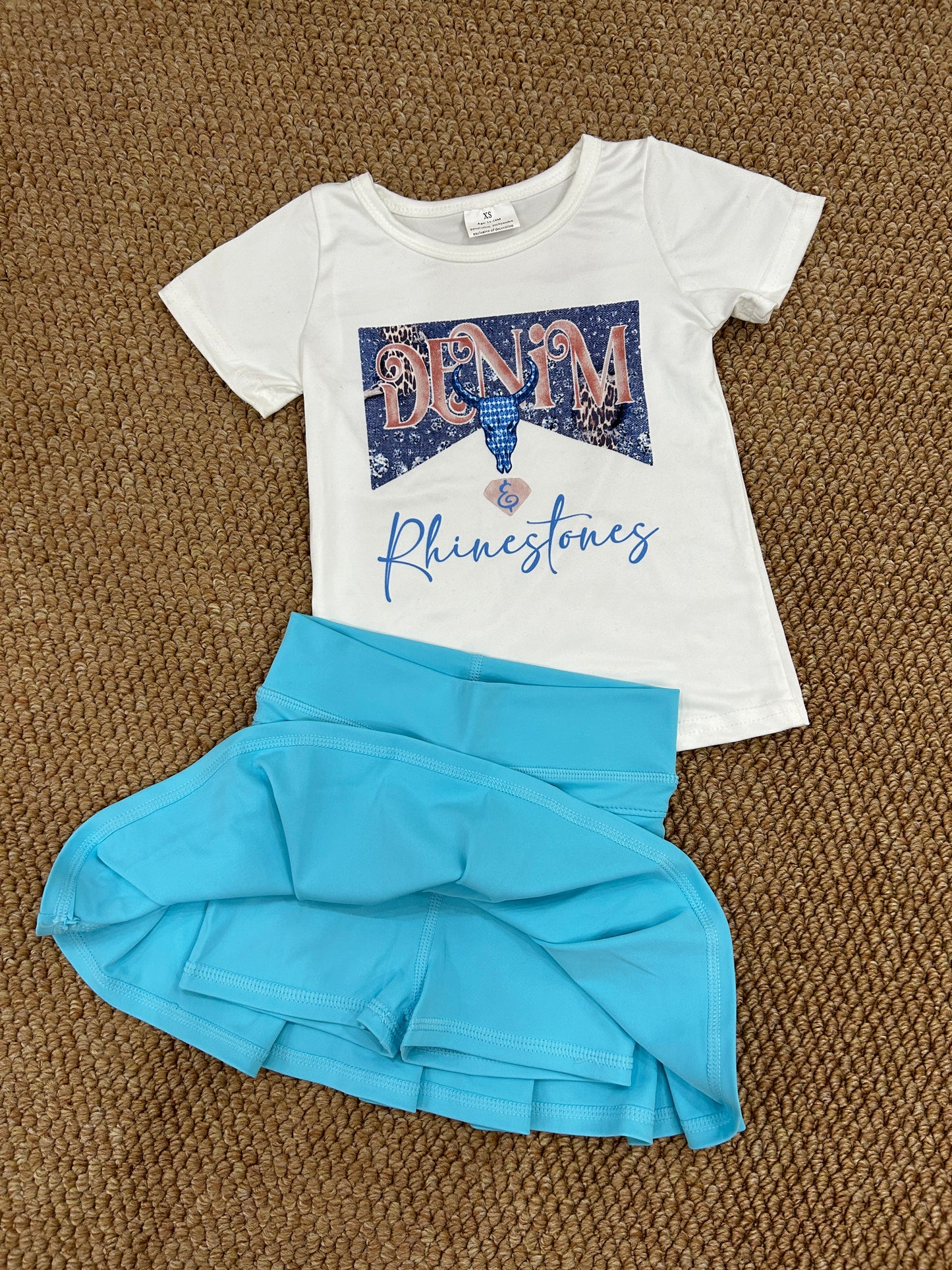 Western cow short sleeve yoga blue skirt skort girls set