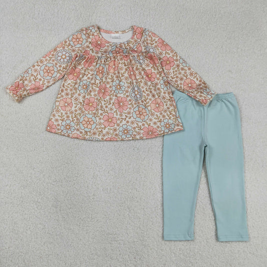 GLP1195 pink flowers long sleeve grey blue pants girls floral set